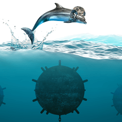 3D illustration of a dolphin wearing a military helmet, leaping out of water with three sunken mines visible below the waves
