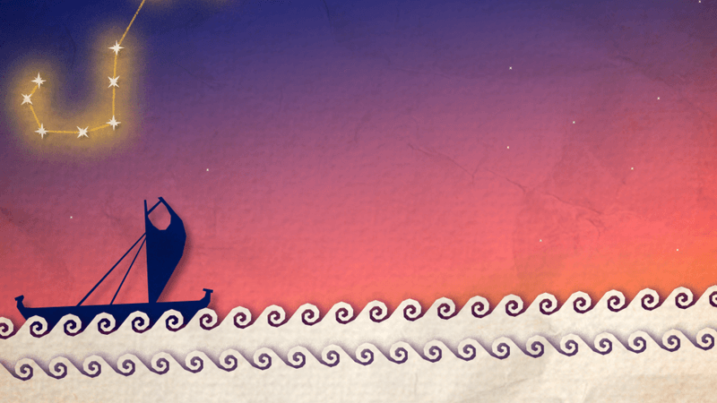 illustration of a boat sailing on waves at night, with a constellation in the sky