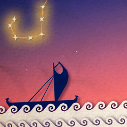 illustration of a boat sailing on waves at night, with a constellation in the sky