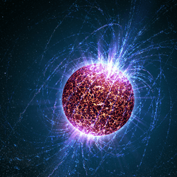 A neutron star with the magnetic field presented as if visible. Theoretically, these fields could convert QCD axions into gamma rays we can detec, but only for the first ten seconds after the star is formed.