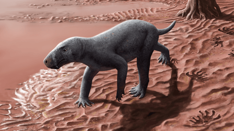 illustration of a dog-like saber-toothed predator walking on sand
