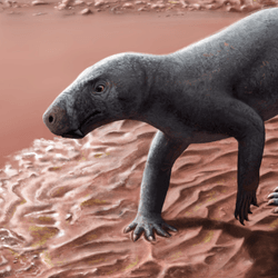 illustration of a dog-like saber-toothed predator walking on sand