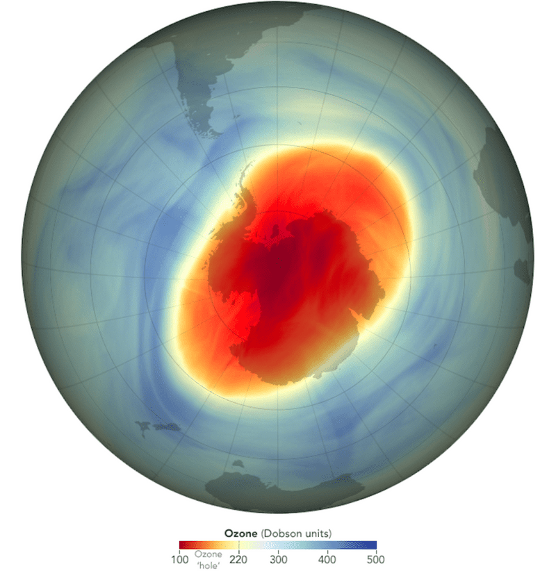 Map showing the size and shape of the ozone hole over the South Pole on Oct. 5, 2022, when it reached its single-day maximum extent for the year.