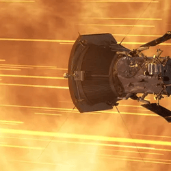 An illustration of the Parker Solar Probe whizzing through the Sun's corona, its weak outer atmosphere.