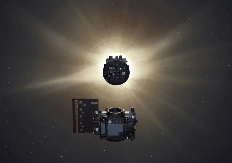One of the two Proba-3 satellites covers the sun, blocking its light from the other satellite to create an artificial solar eclipse