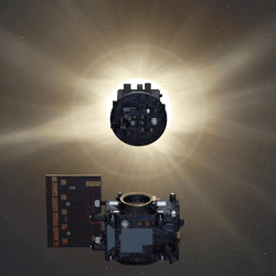 One of the two Proba-3 satellites covers the sun, blocking its light from the other satellite to create an artificial solar eclipse