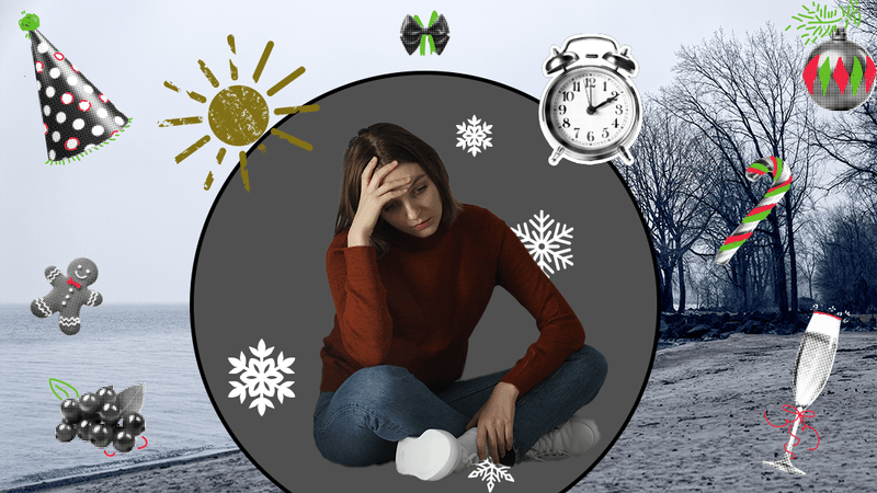 collage of a sad woman surrounded by a wintery scene