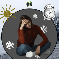 collage of a sad woman surrounded by a wintery scene