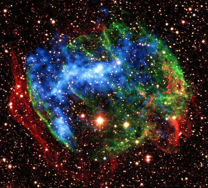 The supernova remnant W49B lies 35,000 light-years away in the constellation Aquila. Iron atoms stripped of electrons are a powerful X-ray source there