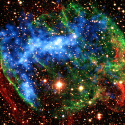 The supernova remnant W49B lies 35,000 light-years away in the constellation Aquila. Iron atoms stripped of electrons are a powerful X-ray source there