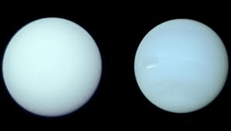 The two planets are shown side to side in this image. They are both without many dramtic features on their surfaces